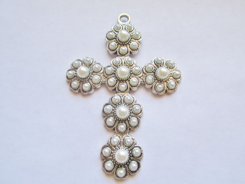 (image for) Antique Silver Cross w/ Pearls Pendant #RM-280E